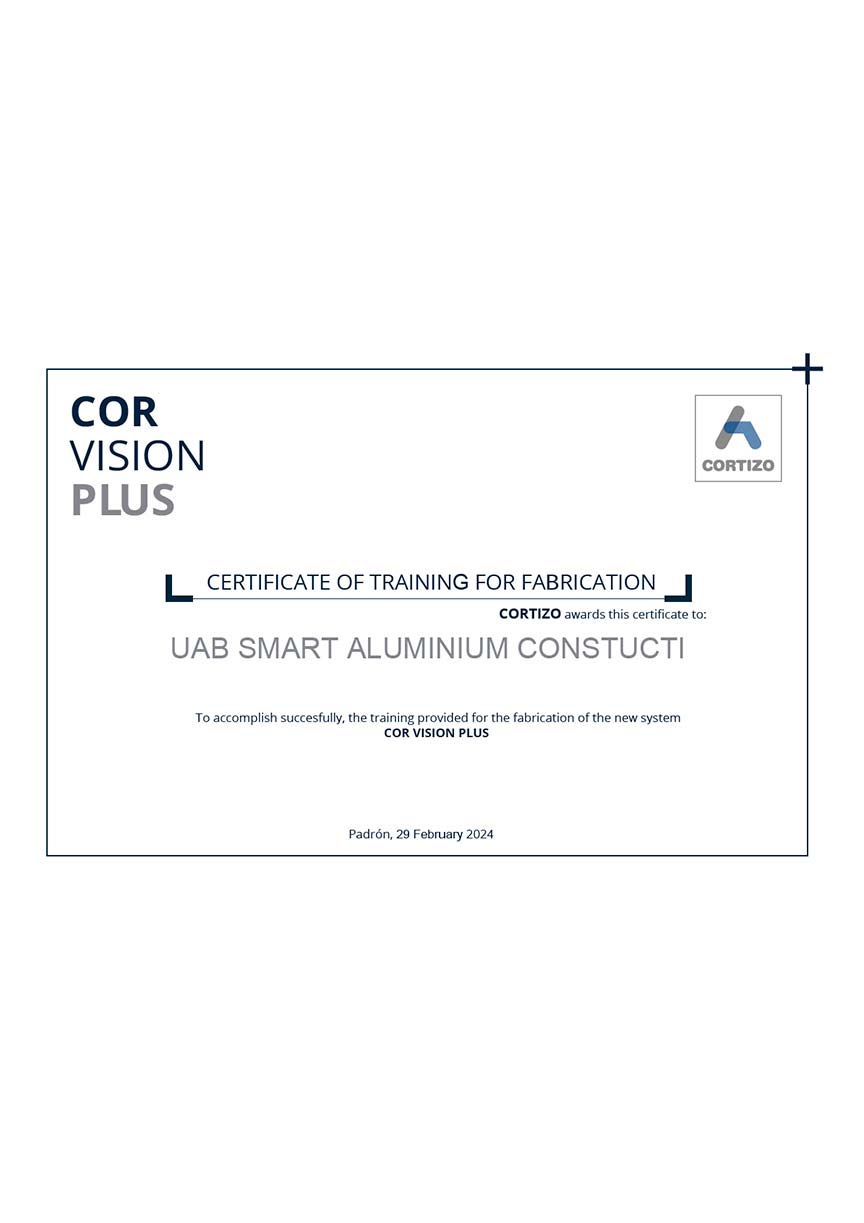 Certificate of trainint for fabrication COR VISION PLUS